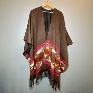 *GORGEOUS!* Brown/Black Blanket Scarf Poncho Shawl w/ colorful pattern